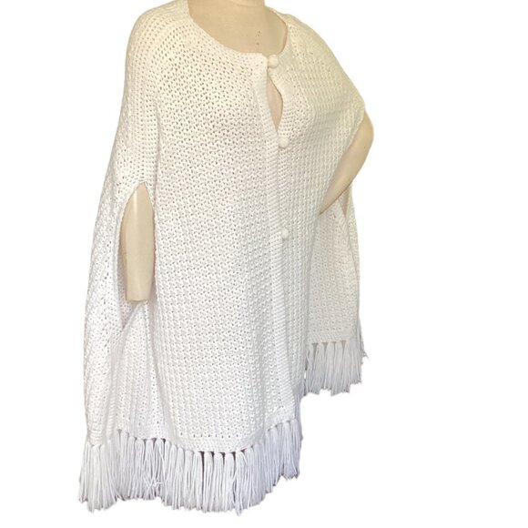 Hand Knitted Longline Fringed Poncho/Sweater/Shawl/Cape  L/XL White 148P - Picture 2 of 6